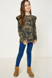 G10008-CAMO Camo Ruffle Long Sleeve Top Alternate Angle