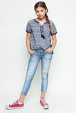 G3325 Dark Denim Girls Woven Tunic Top Full Body