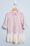 G3549 Pink Sky Mint Girls Lace Trim Button Up Shirt Flat Front