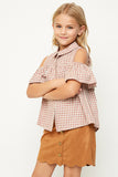 G3676 Camel Ruffled Plaid Shirt Side