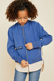 G3934 Dusty Blue Girls Double Zip-Up Bomber Jacket Close Up