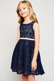 G4152 Navy Girls Bow Tie Eyelet Dress Side