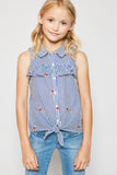 G4215 BLUE Embroidered Front Tie Tank Top Front