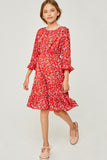 G4259 Red Girls Floral Ruffle Fit and Flare Midi Dress Full Body