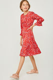 G4259 Red Girls Floral Ruffle Fit and Flare Midi Dress Side