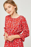 G4259 Red Girls Floral Ruffle Fit and Flare Midi Dress Detail