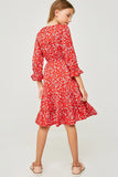 G4259 Red Girls Floral Ruffle Fit and Flare Midi Dress Back