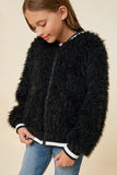 G4298 Black Girls Fuzzy Bomber Jacket Front