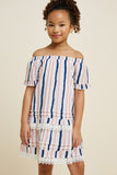 G4329 Off White Girls Striped Off-Shoulder Crochet Lace Dress Front