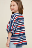 G4383-BLUE MIX Striped Bubble Sleeve Tie-Front Top Back