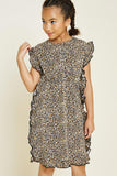 G4428-LEOPARD Leopard Ruffle T-Shirt Dress Front