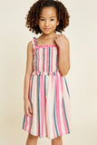 G4452-PINK MIX Stripe Smocked Ruffle Midi Dress Front