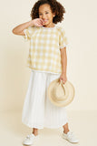 G4466-MUSTARD Plaid Crochet Trim T-Shirt Alternate Angle