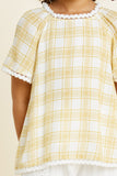 G4466-MUSTARD Plaid Crochet Trim T-Shirt Front Detail