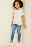 G4466-PINK Plaid Crochet Trim T-Shirt Full Body