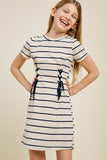 G4489 Oatmeal Striped Corset Lace-Up Mini T-Shirt Dress Pose