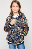 G5027 Navy Girls Printed Bomber Jacket Front