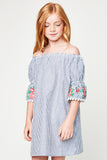 G5326 DENIM Floral Embroidered Stripe Dress Alternate Angle