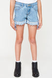 G5458 Lt Denim Girls Lace Trim Lace Up Denim Shorts Front 2