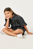 G5588 BLACK DENIM Girls Ruffle Stone Wash Denim Jacket Pose