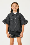 G5588 BLACK DENIM Girls Ruffle Stone Wash Denim Jacket Front