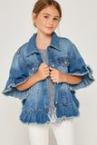 G5588 MID DENIM Ruffle Stone Wash Denim Jacket Front