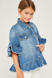 G5588 MID DENIM Ruffle Stone Wash Denim Jacket Back