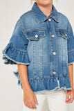 G5588 MID DENIM Ruffle Stone Wash Denim Jacket Front Detail