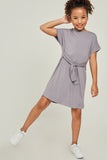 G6118-SLATE Short Sleeve Tie Front Mini T-Shirt Dress Front