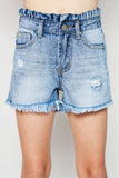 G6136 MID DENIM Distressed High Waist Denim Short Front