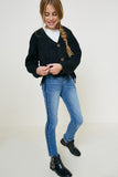 G6279 Black Girls Distressed Hem Button-Down Cropped Cardigan Side