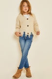 G6279 Cream Girls Distressed Hem Button-Down Cropped Cardigan Full Body