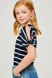 G6415-NAVY Stripe Tie-Sleeve T-Shirt Side