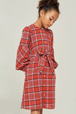 G6433-RED Plaid Button-Down Midi Dress Alternate Angle