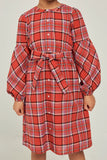 G6433-RED Plaid Button-Down Midi Dress Detail