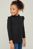 G6452-BLACK Ribbed Ruffle Mock Neck Long Sleeve Top Alternate Angle