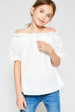 G6520 Off White Girls Eyelet Off-Shoulder Ruffle Trim Top Front