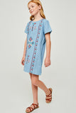 G6559 Lt Denim Girls Embroidered Stitch Detail Shift Dress Full Body