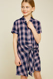 G7117-NAVY MIX Mini Plaid Tie-Front Shirt Dress Front