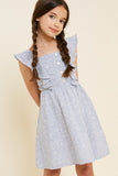 G7377-NAVY Embroidered Stripe Mini Floral Ruffle Dress Front