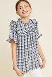 G7410-BLACK Plaid Ruffle Mock Neck Top Front