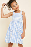 G7605-BLUE Checkered Mini Pocket Dress Front