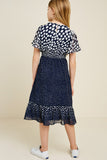 G7647-NAVY Polka-Dot Flutter Sleeve Midi Dress Back