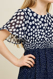 G7647-NAVY Polka-Dot Flutter Sleeve Midi Dress Front Detail