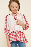 G7758-RED MIX Gingham Tassel-Tie Tunic Top Front