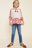 G7758-RED MIX Gingham Tassel-Tie Tunic Top Alternate Angle