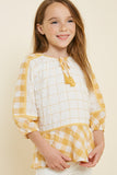 G7758-YELLOW MIX Gingham Tassel-Tie Tunic Top Front