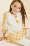 G7758-YELLOW MIX Gingham Tassel-Tie Tunic Top Sitting