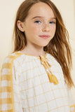 G7758-YELLOW MIX Gingham Tassel-Tie Tunic Top Sitting