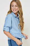 G7775-LIGHT DENIM Front-Tie Button-Down Collared Top Alternate Angle